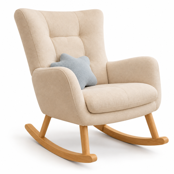 Mecedora Alana acolchada beige con patines de madera natural
