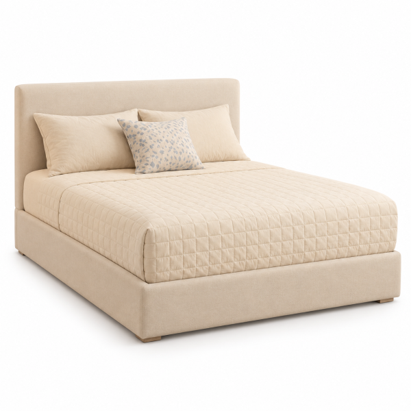 Home Cama Alana de dos plazas tapizada en beige con cabecera lisa
